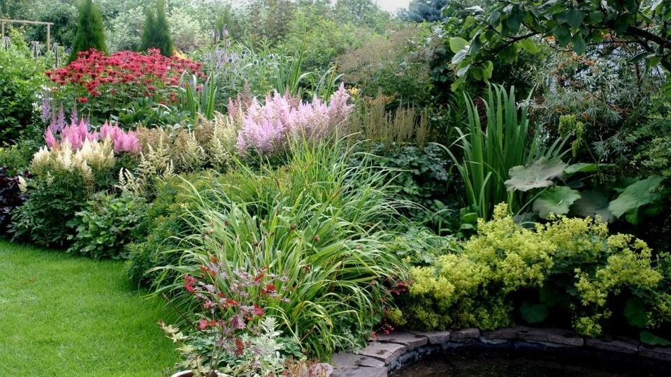 Maie Aed. The water feature is framed by perennials that have foliages in varying shapes and colours